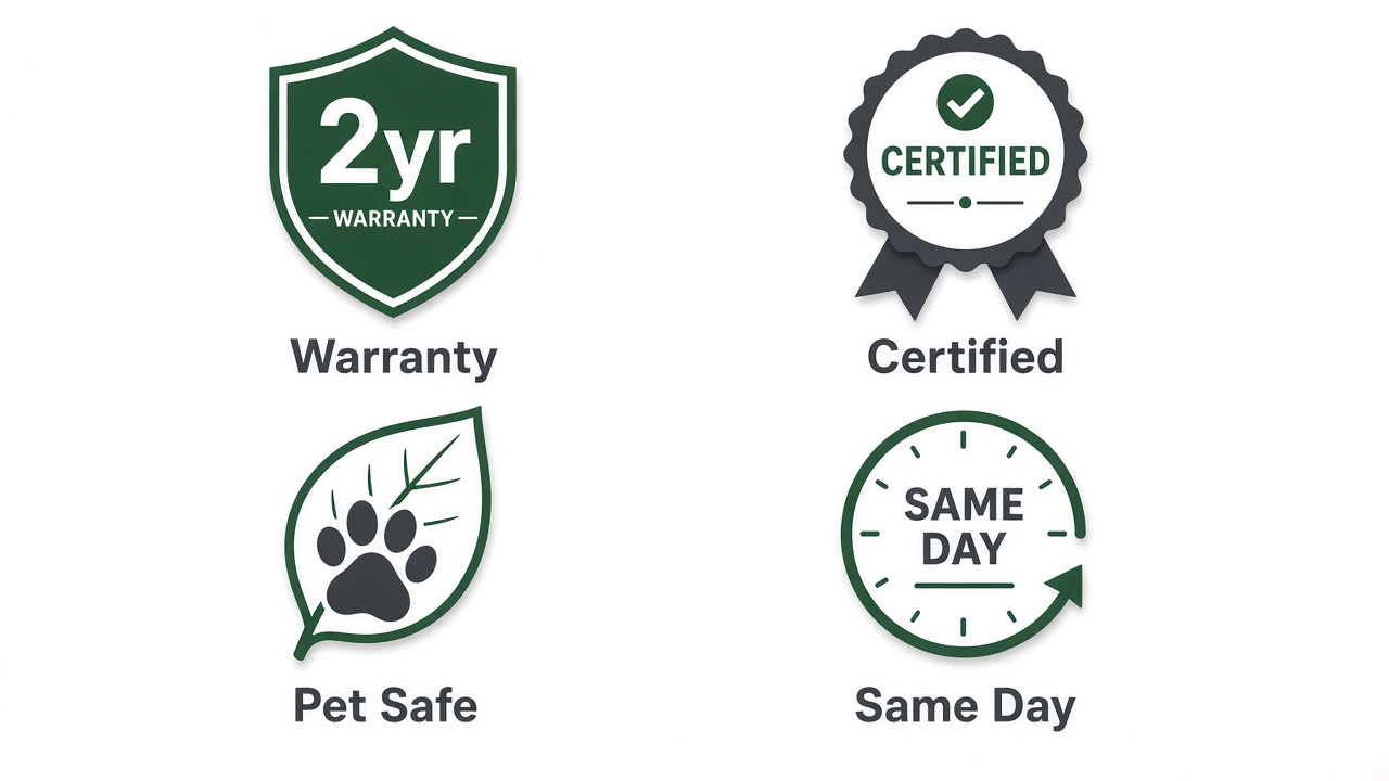 2-year warranty, certified, pet safe, same day